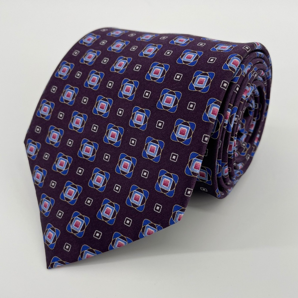 Jos. A. Bank Men's Silk Tie Purple Blue Geometric Medallion Pattern Necktie